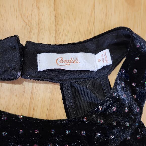 Candie's Black Velvet Sparkle Dotted Sleeveless Mini Dress Keyhole Back M - Picture 7 of 13